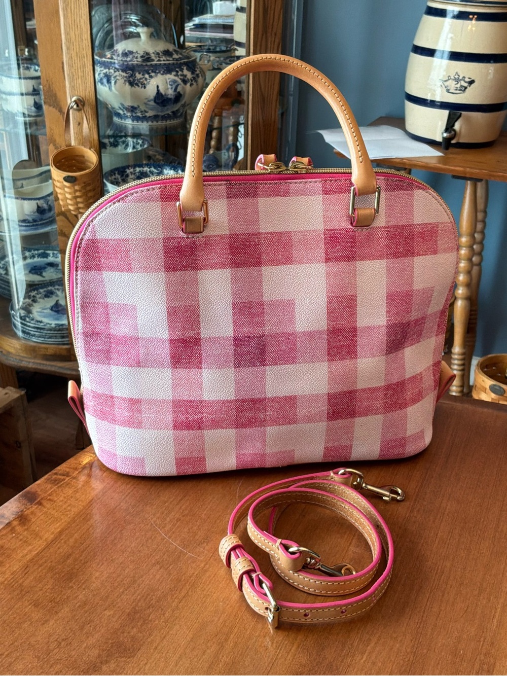 Dooney & Bourke Pink Quadretto Gingham Plaid Zip Zip Satchel - Picture 2 of 13